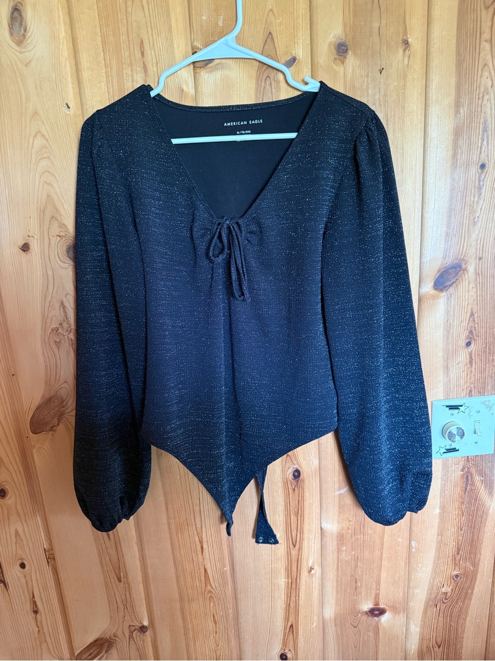 American Eagle Outfitters Black Metallic Tie-Front Long Sleeve Bodysuit